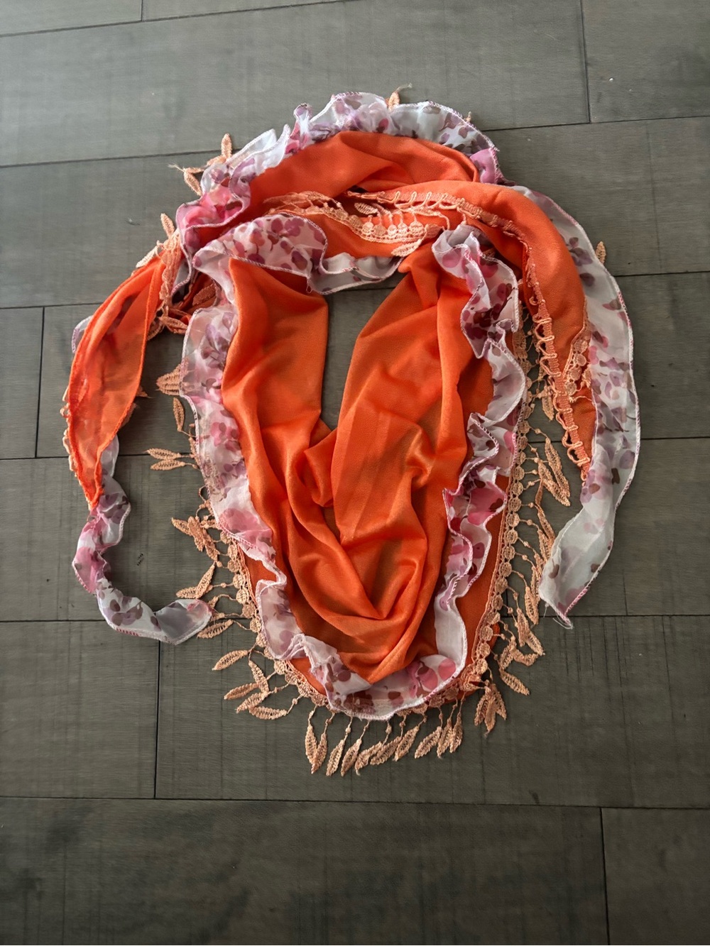 🔥BOGO🔥- Coastal Grandma Style Sheer Orange Floral & Feather Scarf